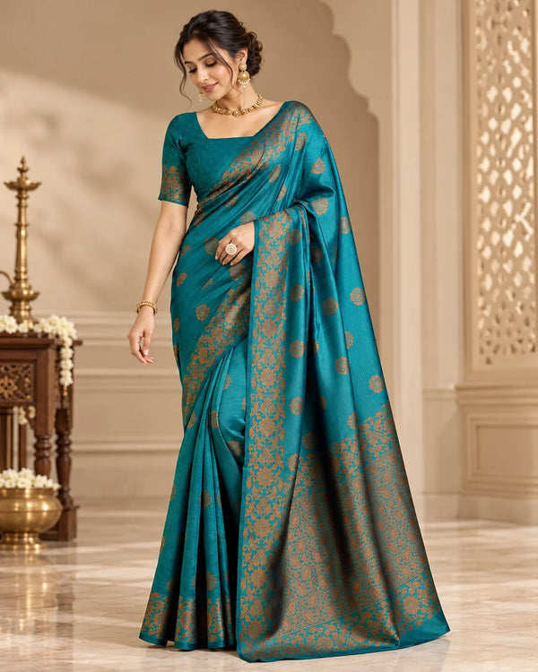 Teal Blue Art Silk Saree with Copper Gold Floral Zari Border & Designer Pallu