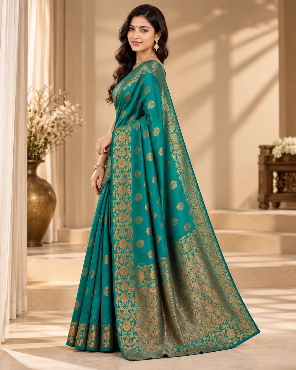 Teal Green Art Silk Saree with Golden Floral Zari Border & Woven Motifs