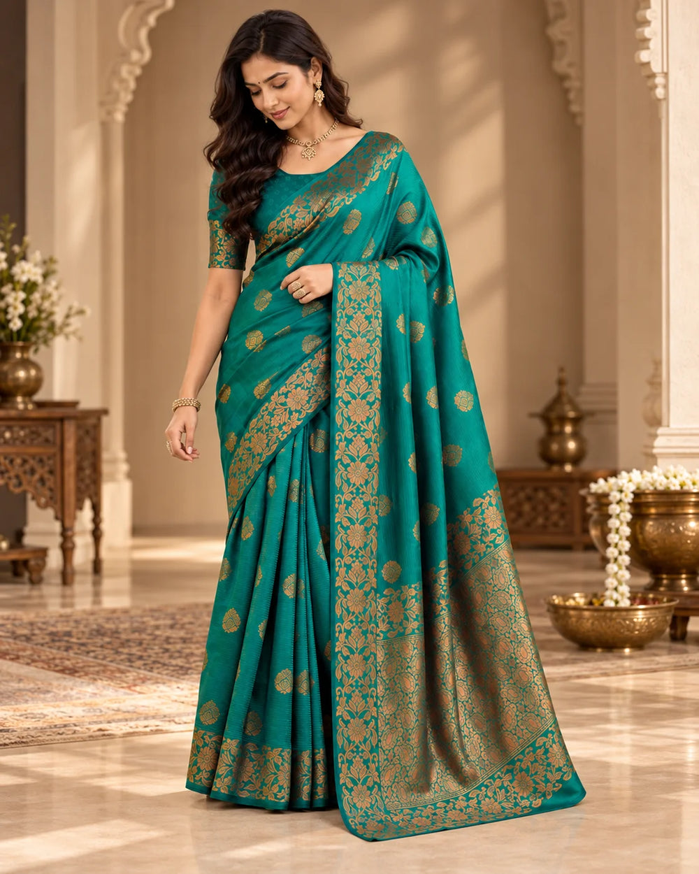 Teal Green Art Silk Saree with Golden Floral Zari Border & Woven Motifs