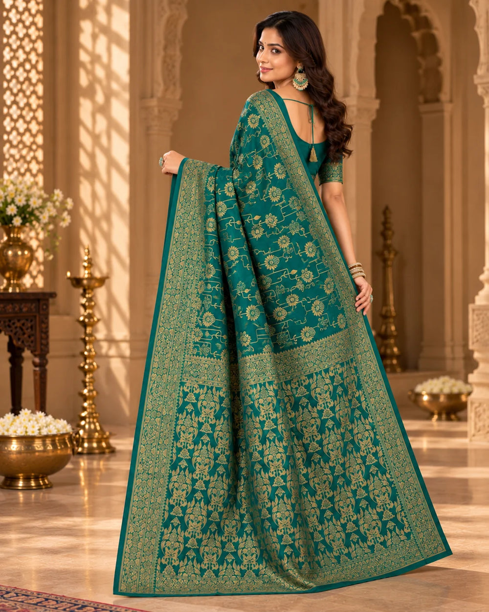 Teal Green Woven Silk Saree with Intricate Floral & Traditional Gold Motifs