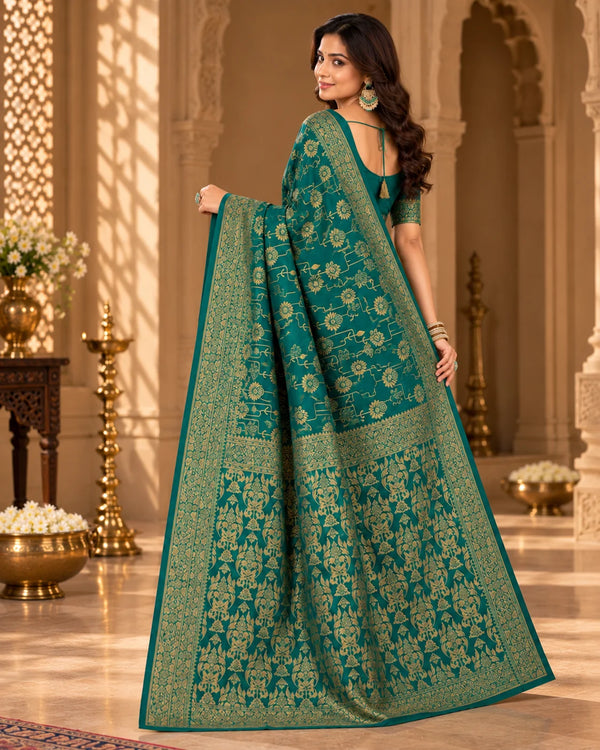 Teal Green Woven Silk Saree with Intricate Floral & Traditional Gold Motifs