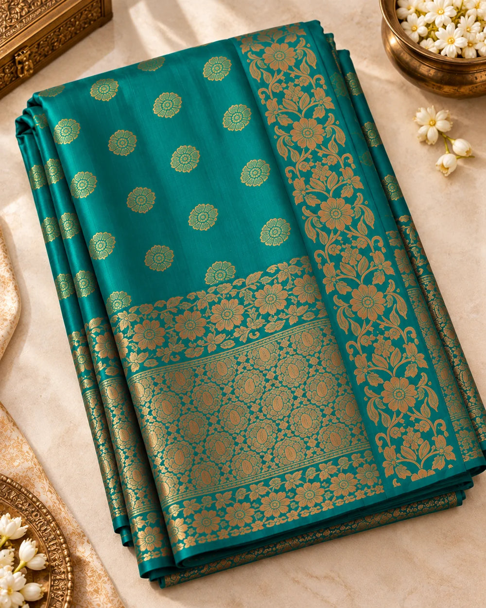 Teal Green Art Silk Saree with Golden Floral Zari Border & Woven Motifs