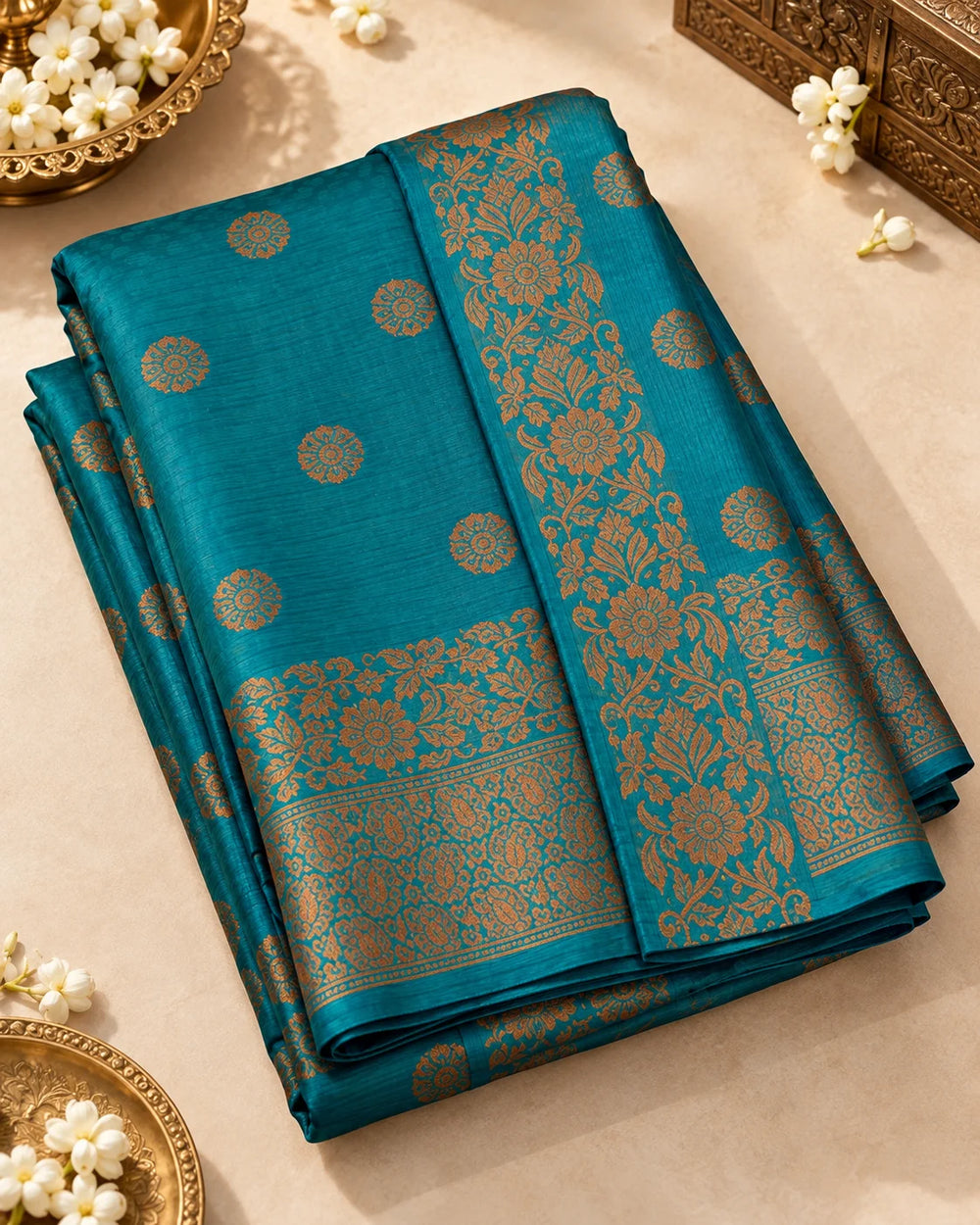 Teal Blue Art Silk Saree with Copper Gold Floral Zari Border & Designer Pallu
