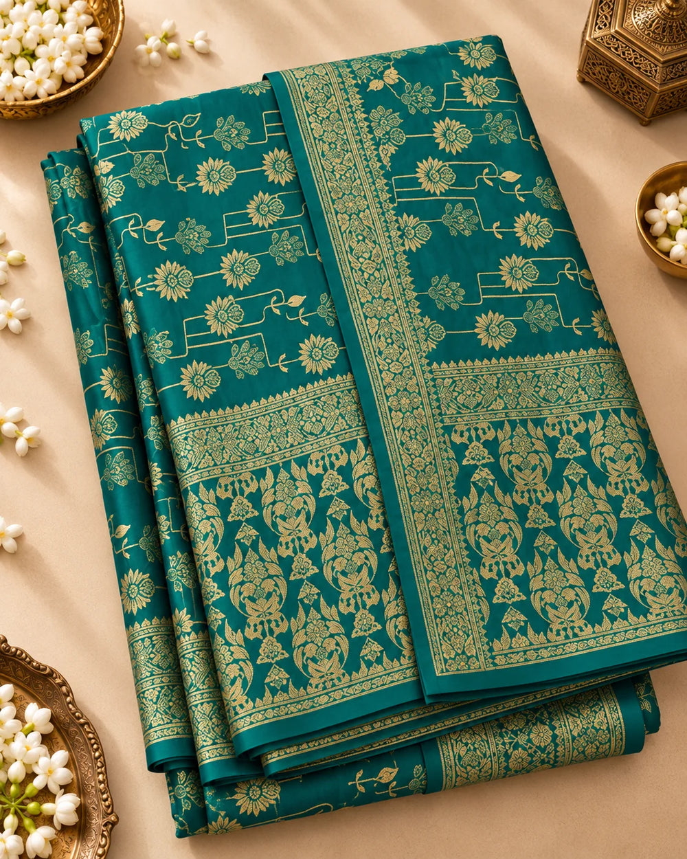 Teal Green Woven Silk Saree with Intricate Floral & Traditional Gold Motifs