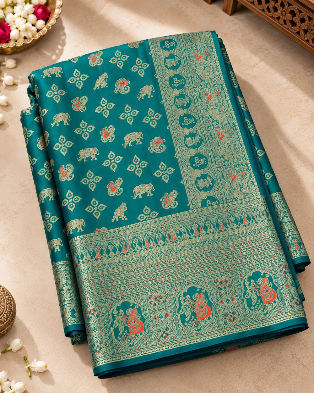 Elegant Teal Blue Woven Saree with Multicolor Traditional Motifs & Designer Zari Pallu