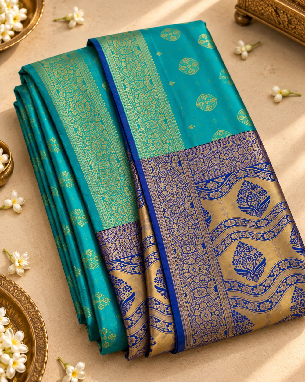 Teal Blue & Royal Blue Banarasi Zari Motif Saree with Designer Pallu