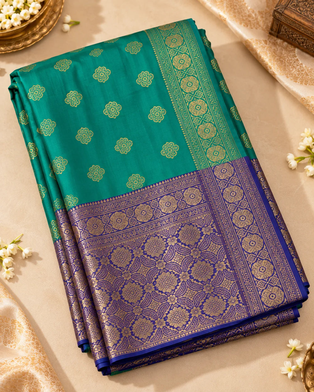 Teal Green & Royal Blue Banarasi Zari Buti Saree