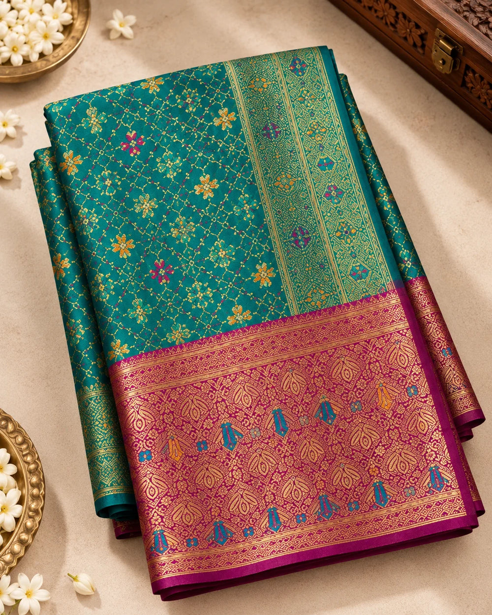 Elegant Teal Green Banarasi Saree with Maroon Gold Woven Pallu & Traditional Motifs