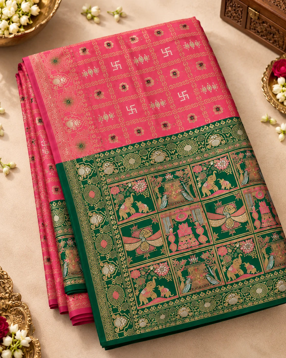 Pink & Green Woven Saree with Traditional Printed Pallu