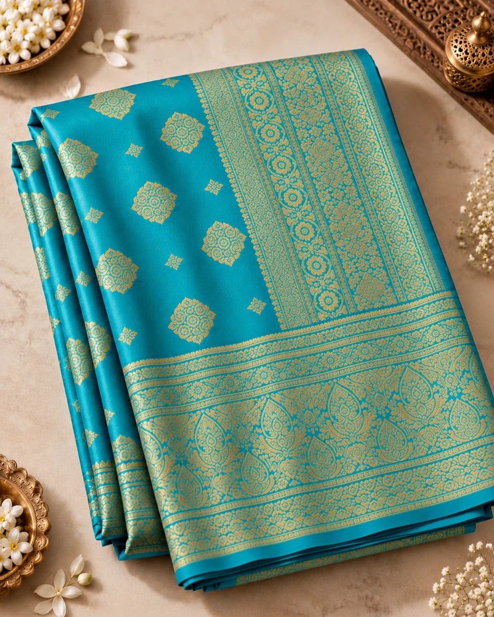 Elegant Turquoise Blue Woven Silk Saree with Intricate Golden Motifs & Rich Traditional Border