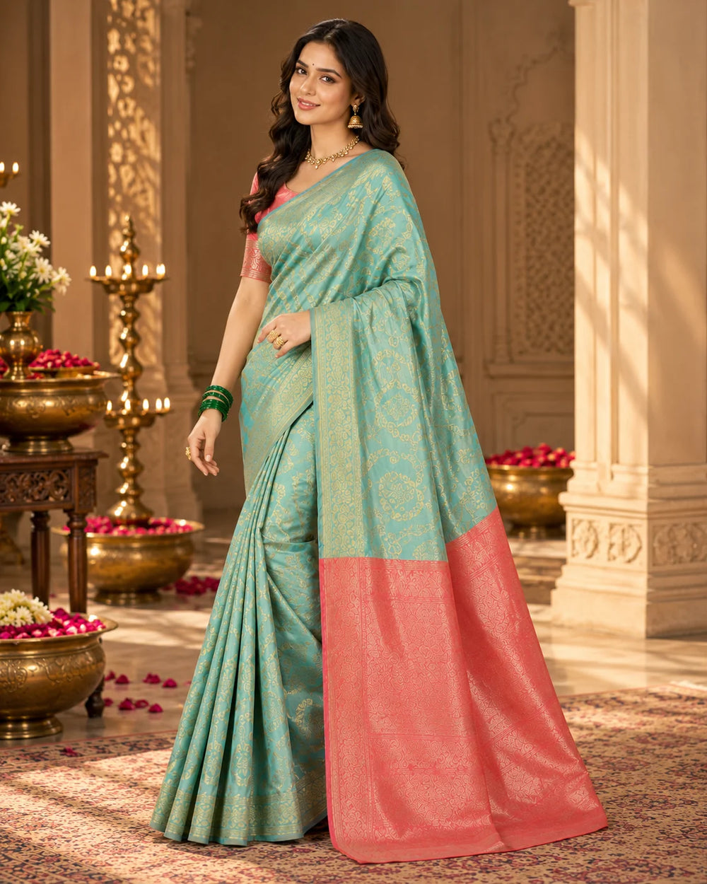 Elegant Turquoise & Coral Woven Silk Saree