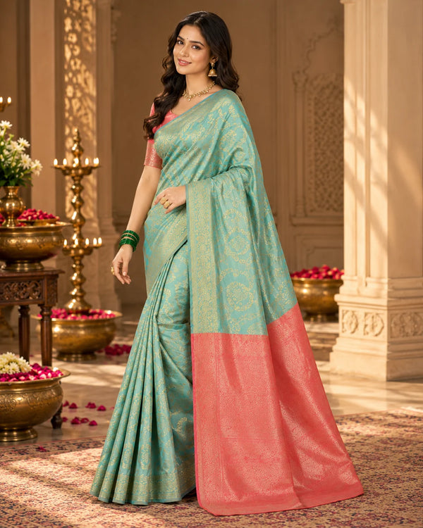 Elegant Turquoise & Coral Woven Silk Saree