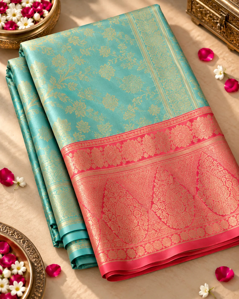 Elegant Turquoise & Coral Woven Silk Saree