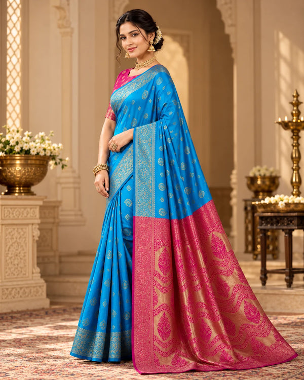 Royal Blue & Magenta Banarasi Zari Motif Saree with Designer Pallu