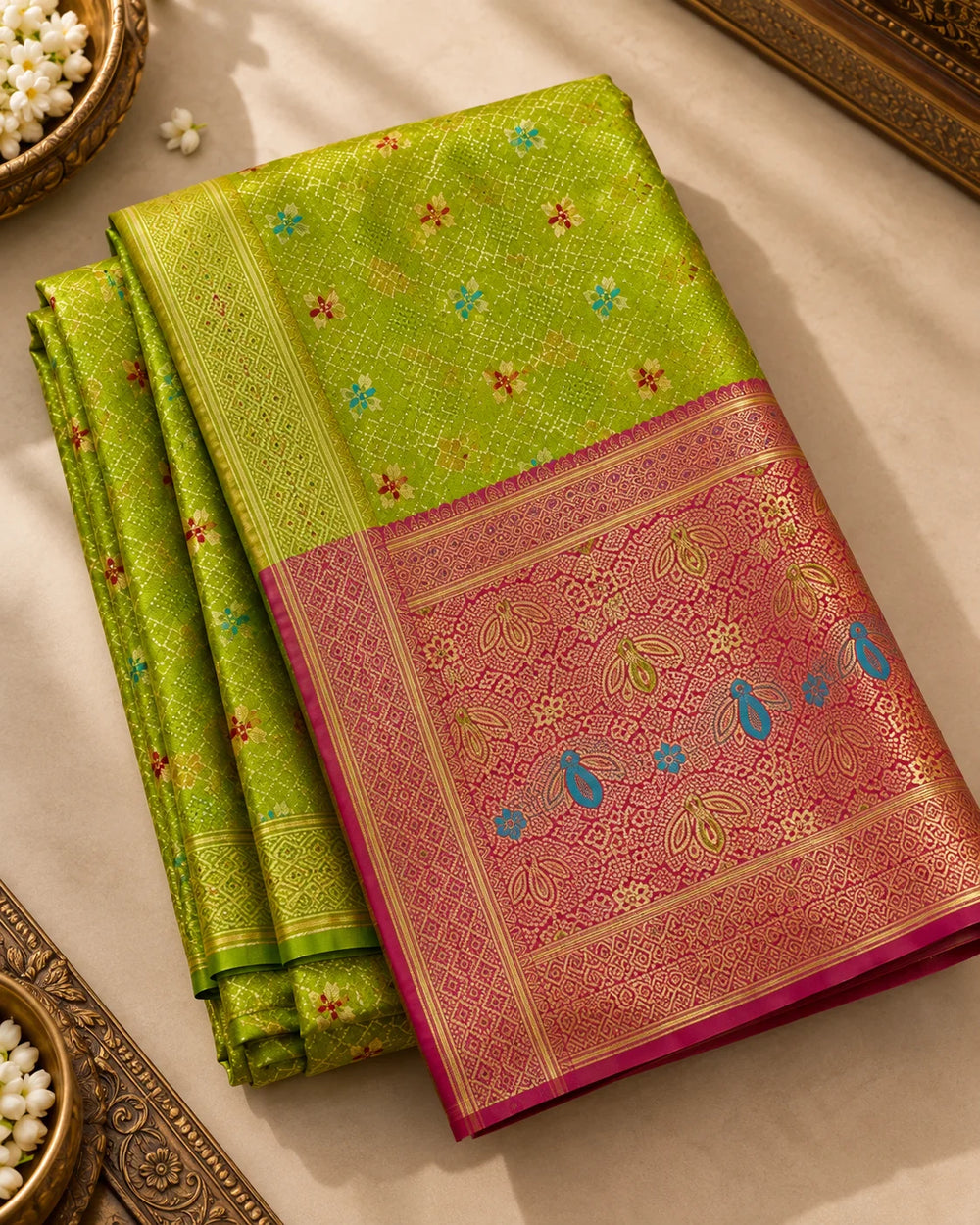Elegant Green Banarasi Woven Saree with Traditional Floral Motifs & Rich Zari Pallu