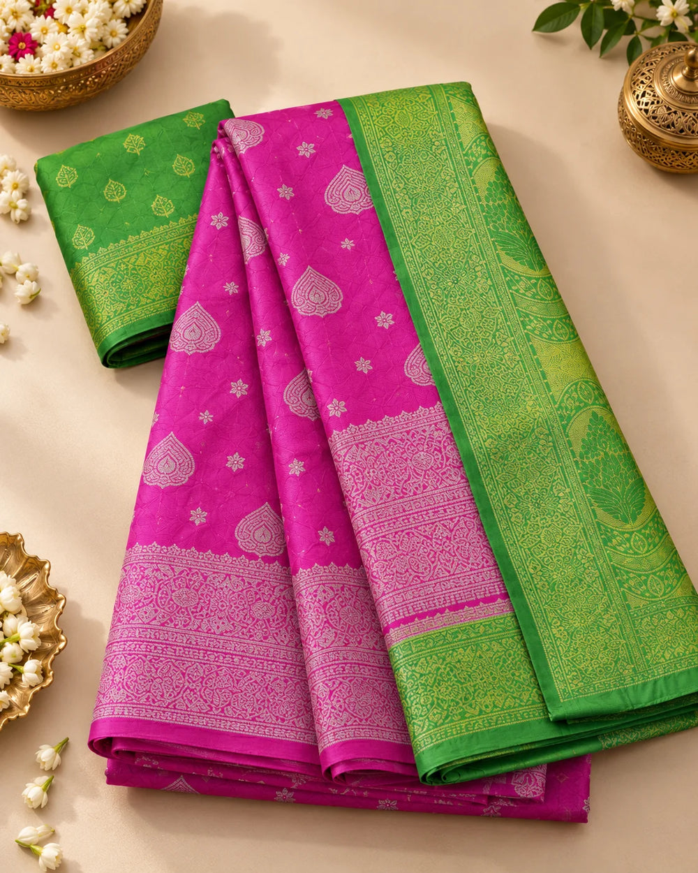 Pink & Green Woven Silk Saree with Intricate Traditional Motifs & Designer Pallu